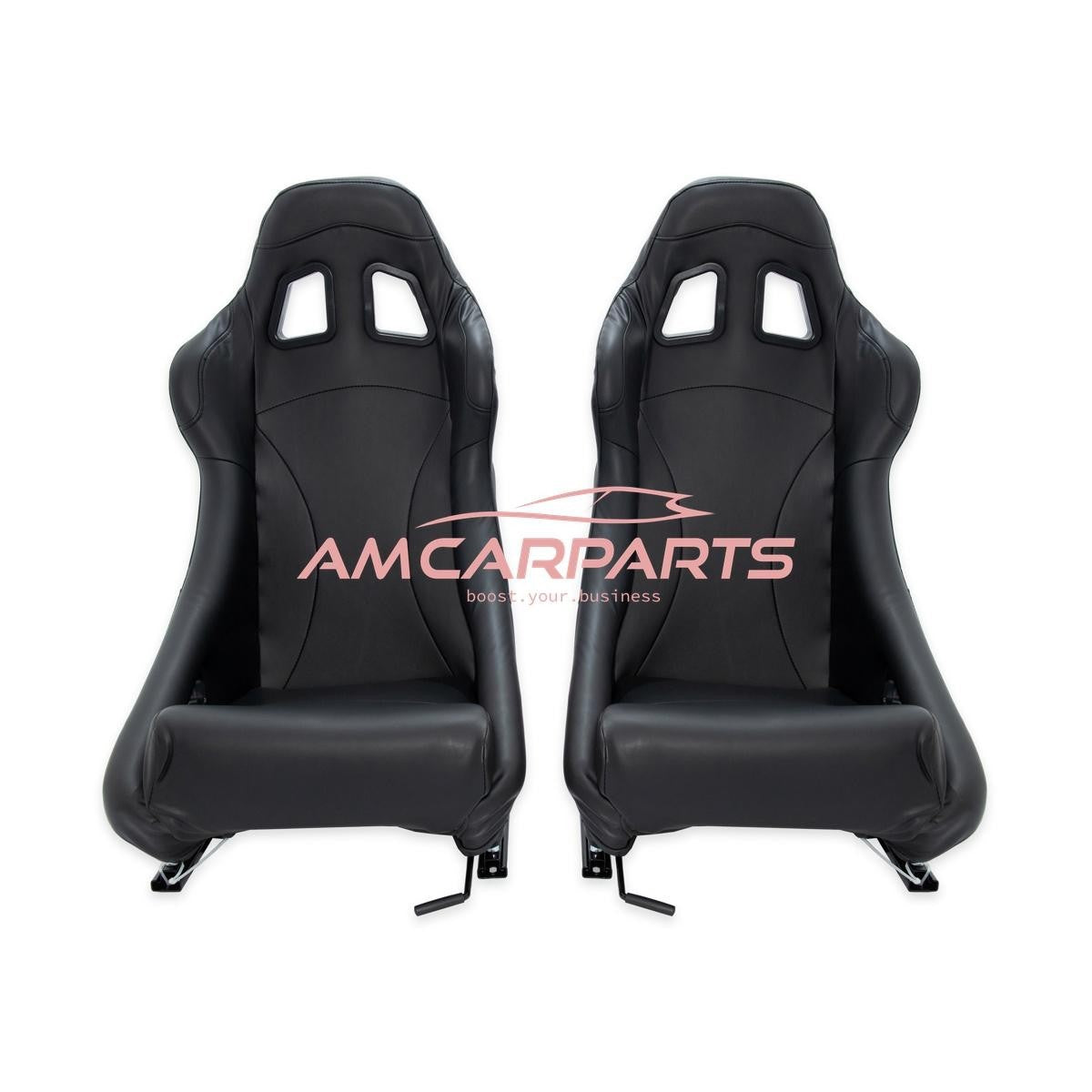 AMCP Pair Universal Fixed Back Motorsport Bucket Sports Seats PVC Black + slides