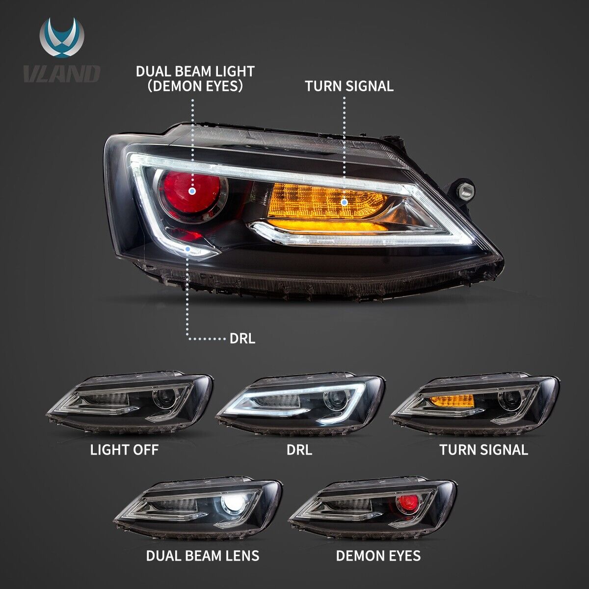 VLAND 11-18 VW Jetta 6 MK6 Devil Eye Dual Beam LED DRL Headlights LHD / RHD
