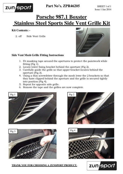 Zunsport Porsche Boxster 987 987.1 Auto Full Set - Stainless Front Grille Side Vents