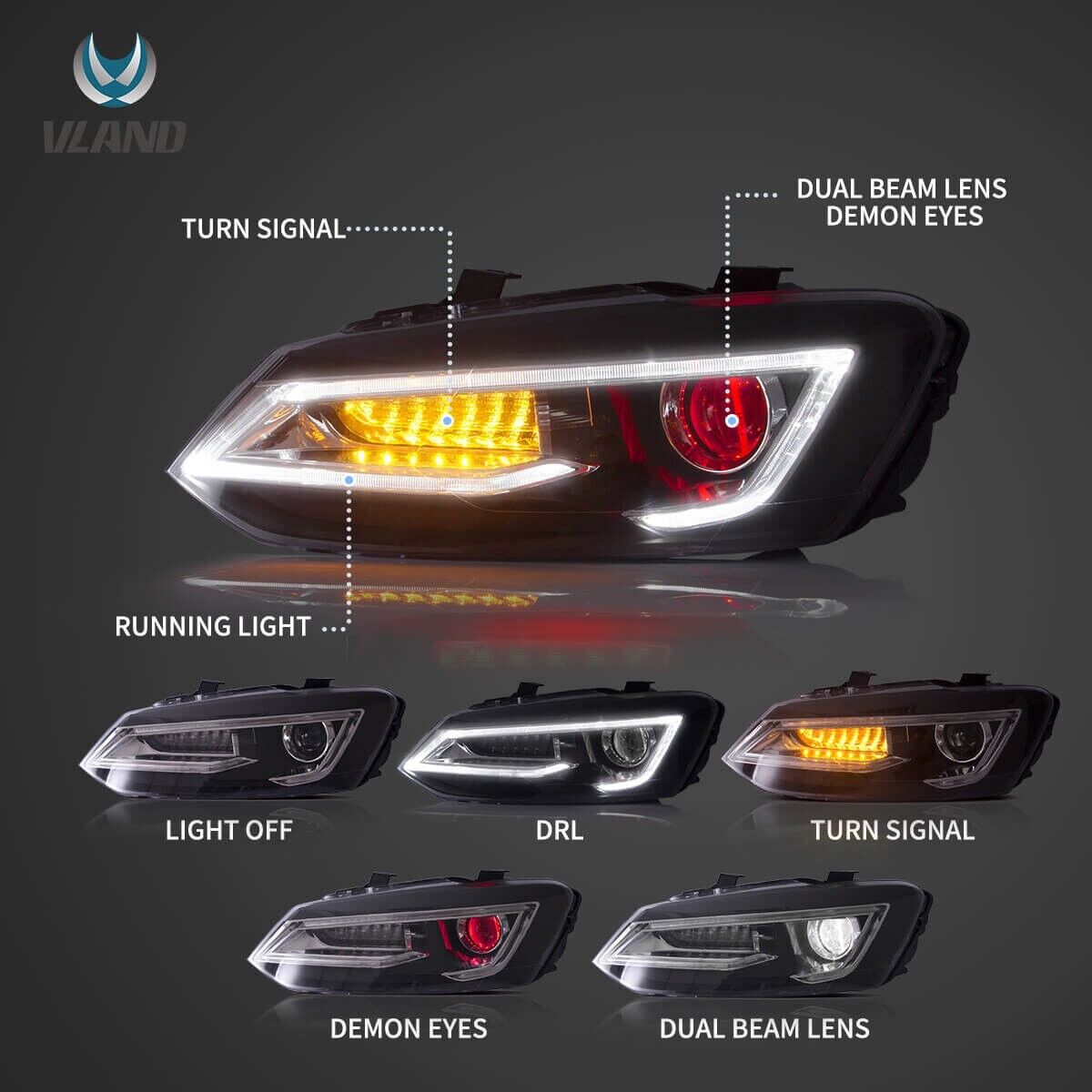 VLAND 09-17 VW Polo 5 MK5 6R 6C Lightbar DYNAMIC LED DRL Headlights Demon Eye LHD