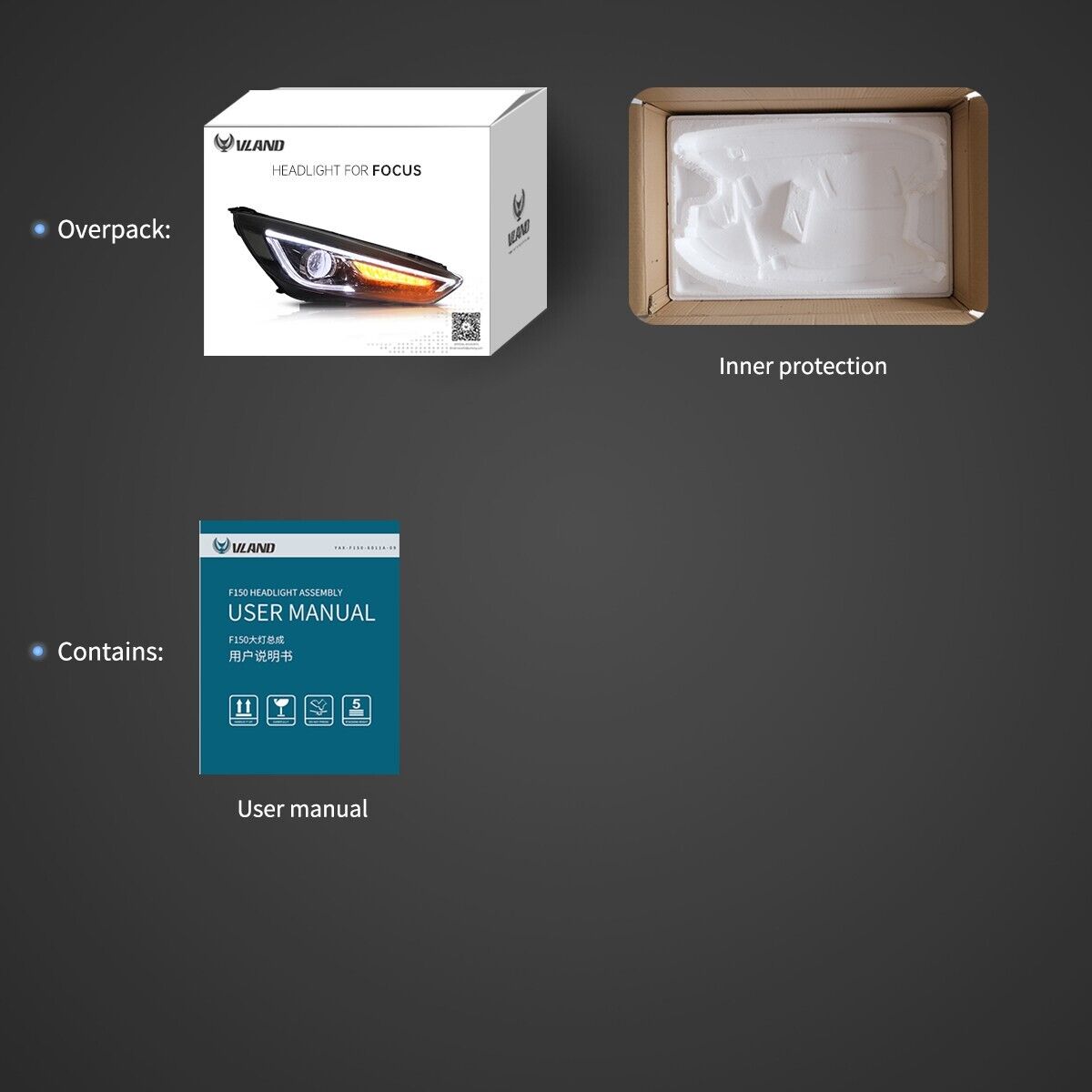 VLAND 15-18 Ford Focus 3 MK3 FL Lightbar DYNAMIC LED DRL Headlights Dual Beam