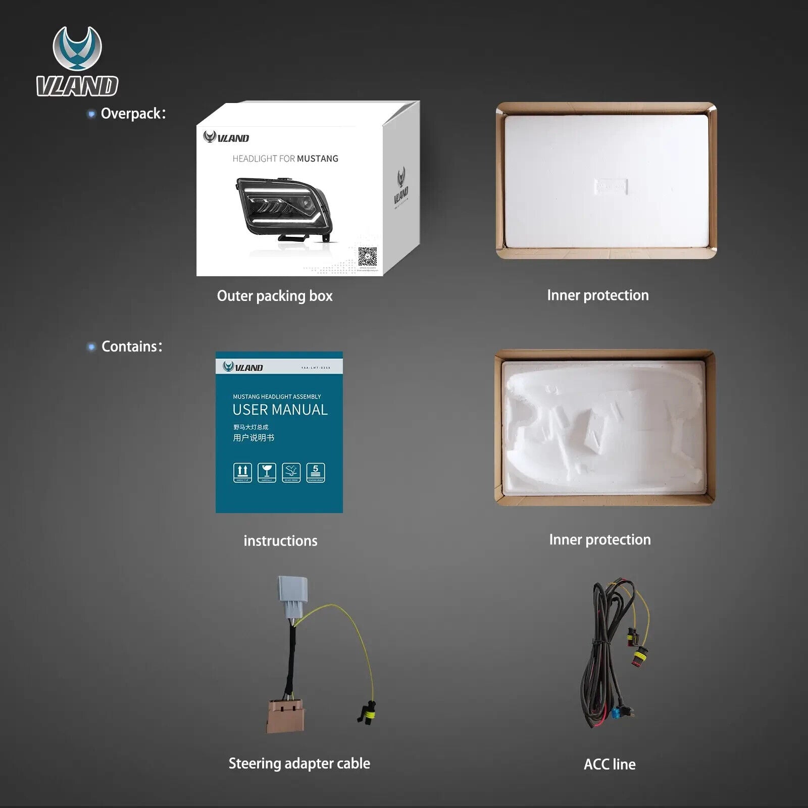 VLAND 05-09 Ford Mustang 3 MK3 S197 I Pre Facelift LED DRL Lightbar Headlights