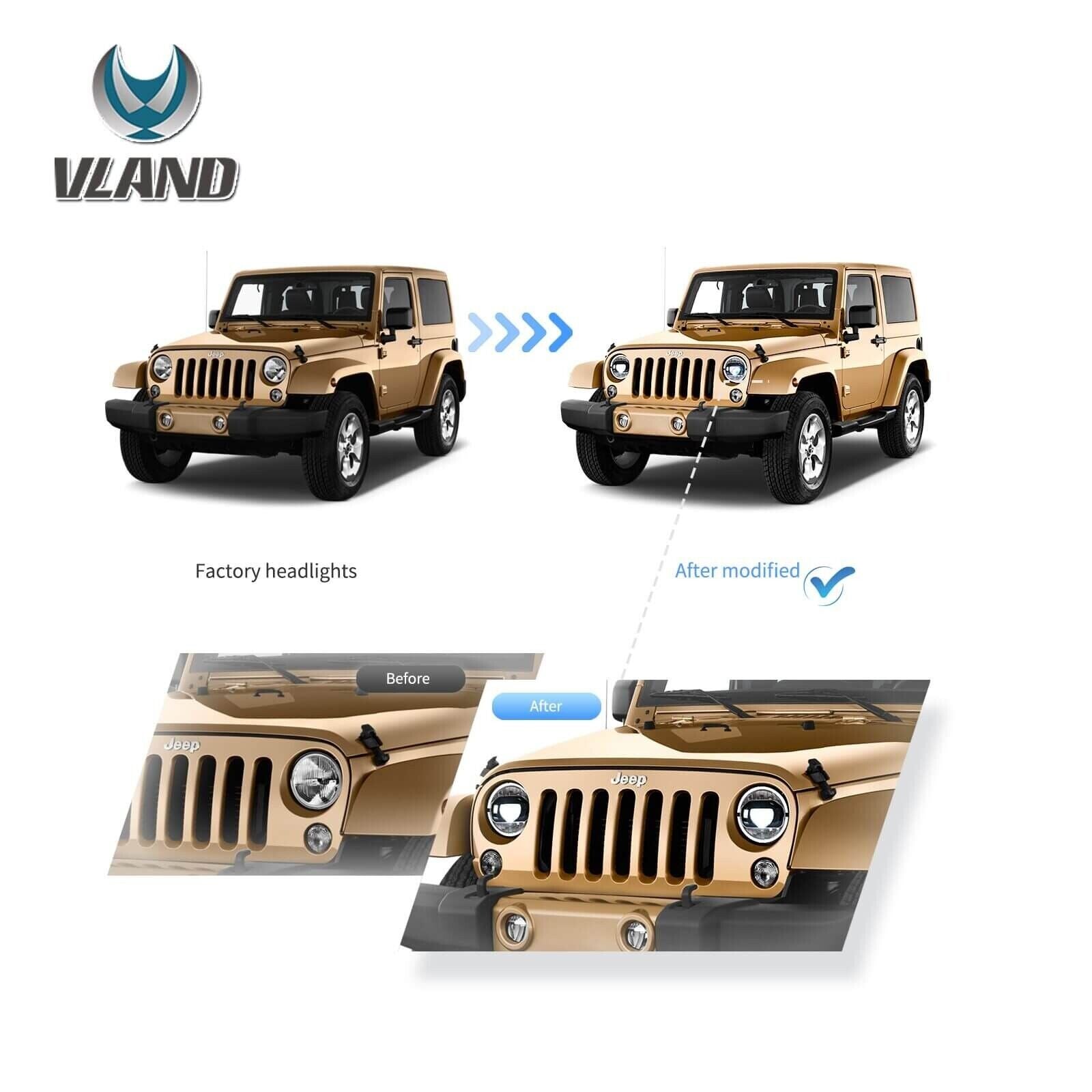 VLAND 07-17 Jeep Wrangler JK Dual Beam Lightbar LED DRL Halo Ring Headlights