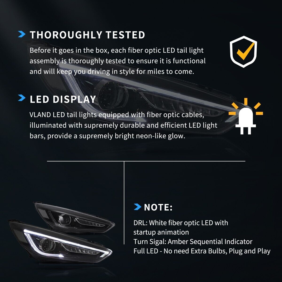 VLAND 15-18 Ford Focus 3 MK3 FL Lightbar DYNAMIC LED DRL Headlights Dual Beam