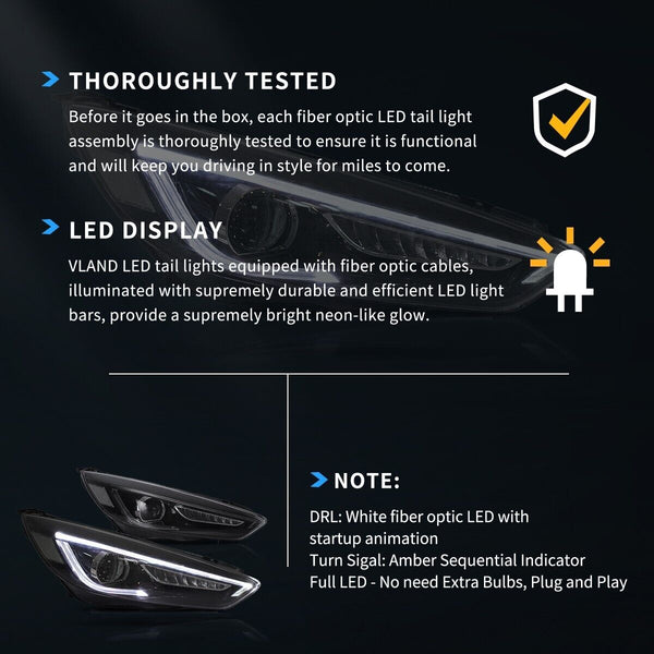 VLAND 15-18 Ford Focus 3 MK3 FL Lightbar DYNAMIC LED DRL Headlights Dual Beam