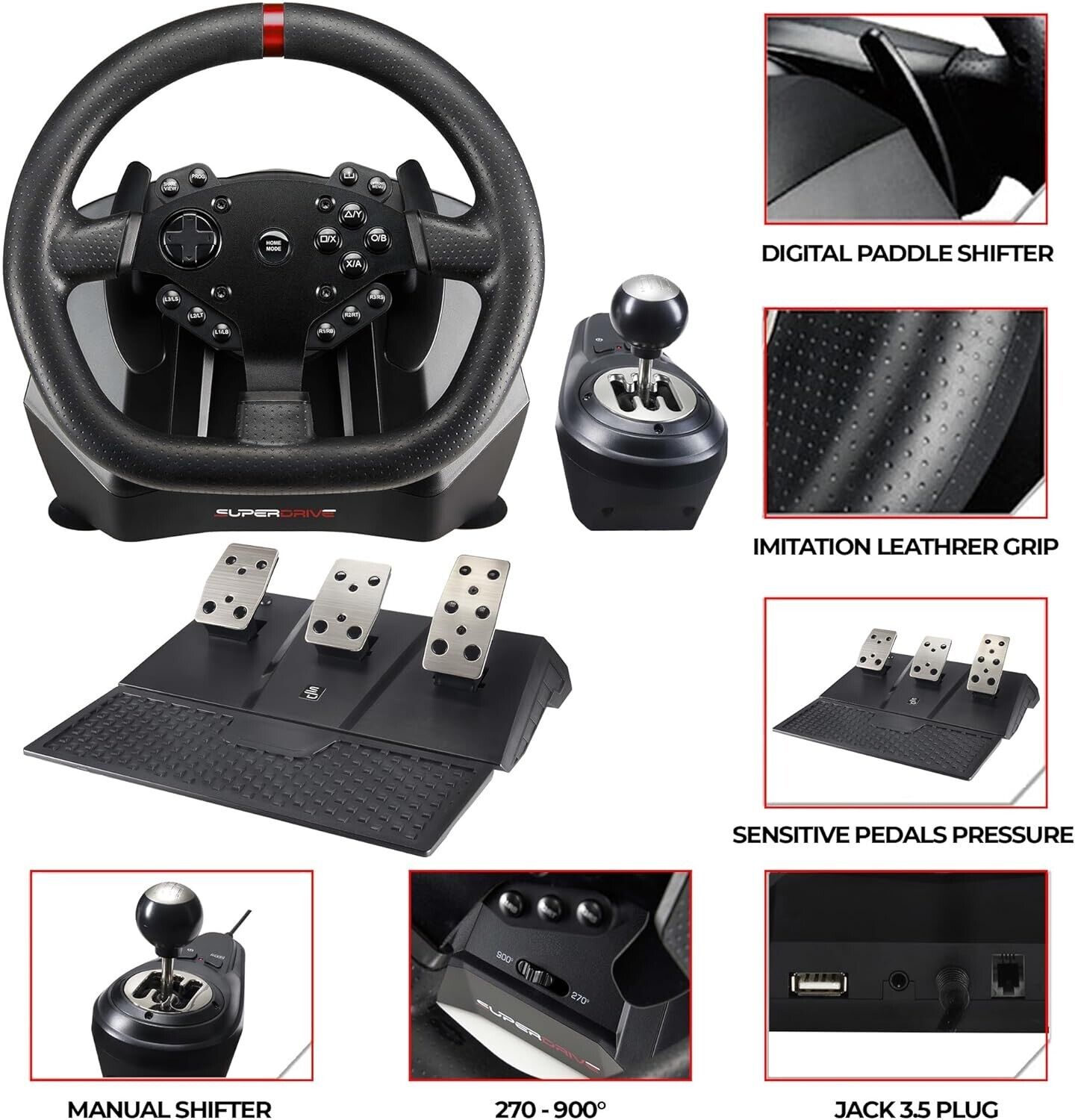 Subsonic Superdrive GS950X 900° racing steering wheel + manual shifter + 3 pedals for Driving Sim Racing Simulator