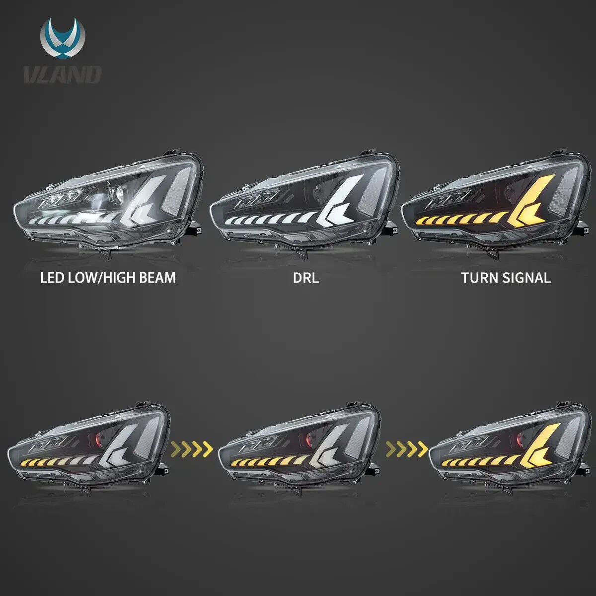 VLAND Pair 08-17 Mitsubishi Lancer Evo X DYNAM LED DRL Lightbar Demon Eyes Headlights LHD