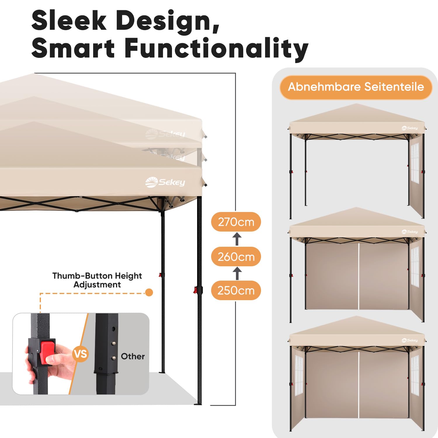 Sekey One-Touch Pop Up Gazebo with Sides 3m x 3m, Heavy Duty Gazebo with 4 Pack Gazebo Weights Bags, Instant Setup, Waterproof 1000mm (Grau, 3m x 3m without Sides)