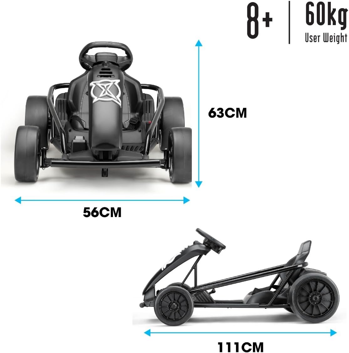 Xootz Comet Electric Go Kart, Kids Ride-On Racing Go Kart, 2 Speed with Drift Mode and Reversing, Steering Wheel, and Pedals, 2 x 12V Rechargeable Batteries, Custom, Black