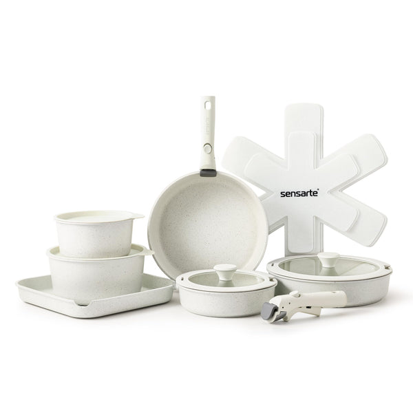 SENSARTE 17 Piece Pots and Pans Set, Nonstick Detachable Handle Cookware, Induction Kitchen Cookware Set with Removable Handle, Healthy Non Stick RV Cookware, Oven Safe (Black)