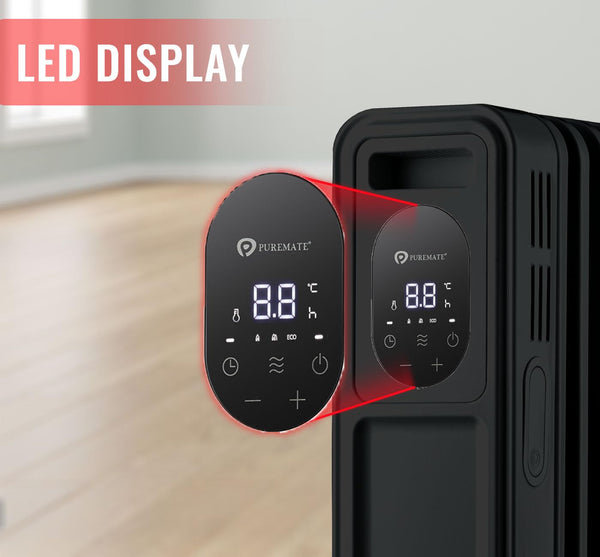 PureMate Oil Filled Radiator, 2500W/2.5KW - 11 Fin - Portable Electric Heater, 3 Power Settings, Adjustable Temperature and Thermostat, Thermal Safety Cut off & 24 Hour Timer