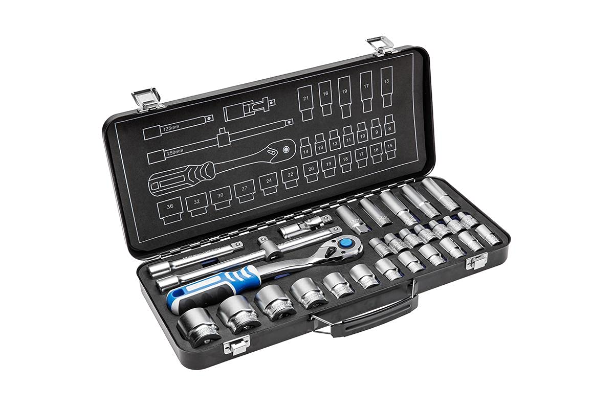 Högert Technik - Tool Set I Socket Spanner, Bits and Equipment 1/4 Inch I Alloy Chrome Vanadium Steel I Drop Forged I Ratchet Mechanism with 72 Pawls I HT1R464-34 Pieces