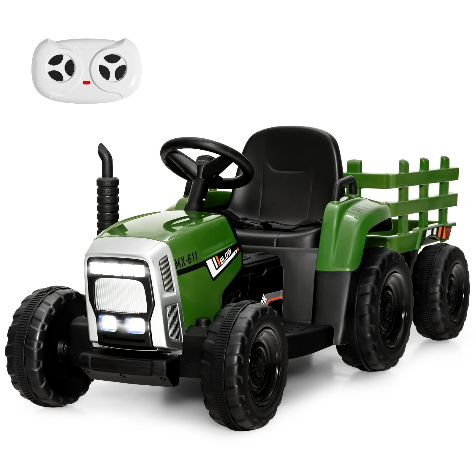 COSTWAY Ride on Tractor and Trailer, 12V Battery Powered Electric Kids Toy Car with Remote Control, LED Lights, USB & Bluetooth Music, Four Wheels Ride on Toys for Children Ages 3+(Dark Green)