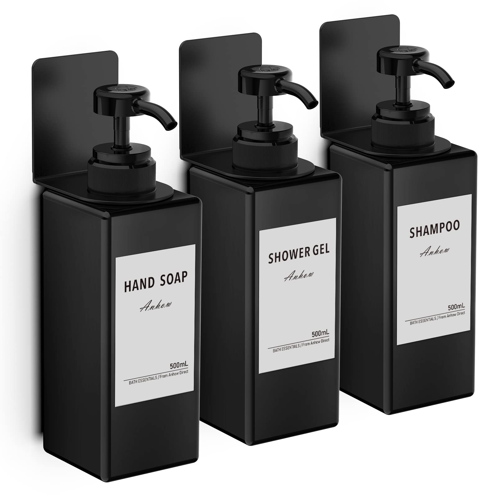 Anhow 3PCS Soap Dispenser Set 500ml | Wall Mounted Shampoo and Conditioner Dispenser | Wall Without Drilling Plastic Shower Pump Dispenser with