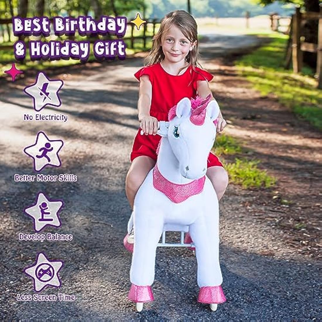 PonyCycle Essential Model E Riding Unicorn Toy with Brake (Pink Unicorn/Size 3 for Age 3-4) Indoor and Outdoor Scooter Ride-on Toy for Kids - E312
