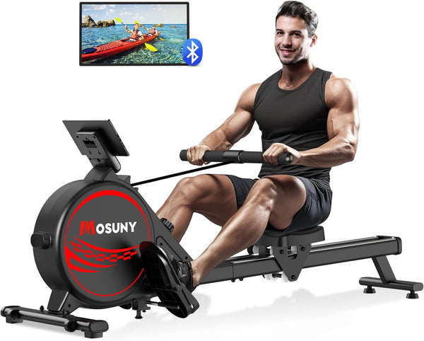 Rowing Machine, MOSUNY Magnetic Rowing Machines for Home Gym with 16 Levels Resistance, Maximum Load of 350 LB, Upgrade to Double Slide Rails, App Supported, Vertical Storage