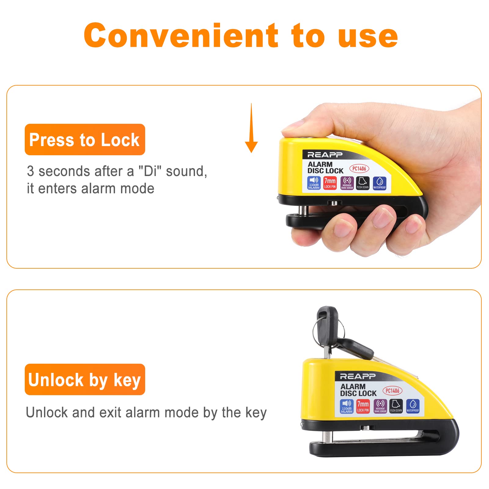 REAPP Alarm Disc Lock Motorbike Lock, Disc Brake Lock 110db with Reminder Cable and Carry Pouch, High Security Disc Lock for Motorcycle Bike Moped Motocross