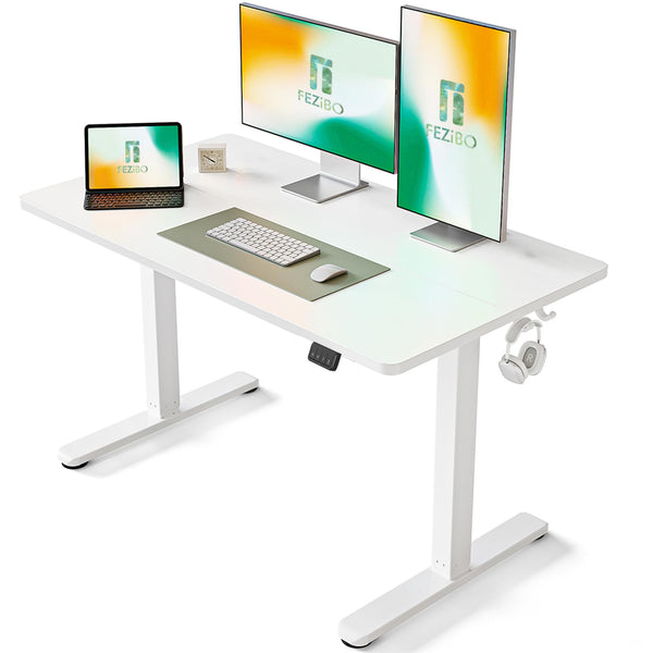FEZIBO Height Adjustable Electric Standing Desk, 120 * 60 cm Stand up Table, Sit Stand Home Office Desk with Splice Board, White Frame/Maple Top
