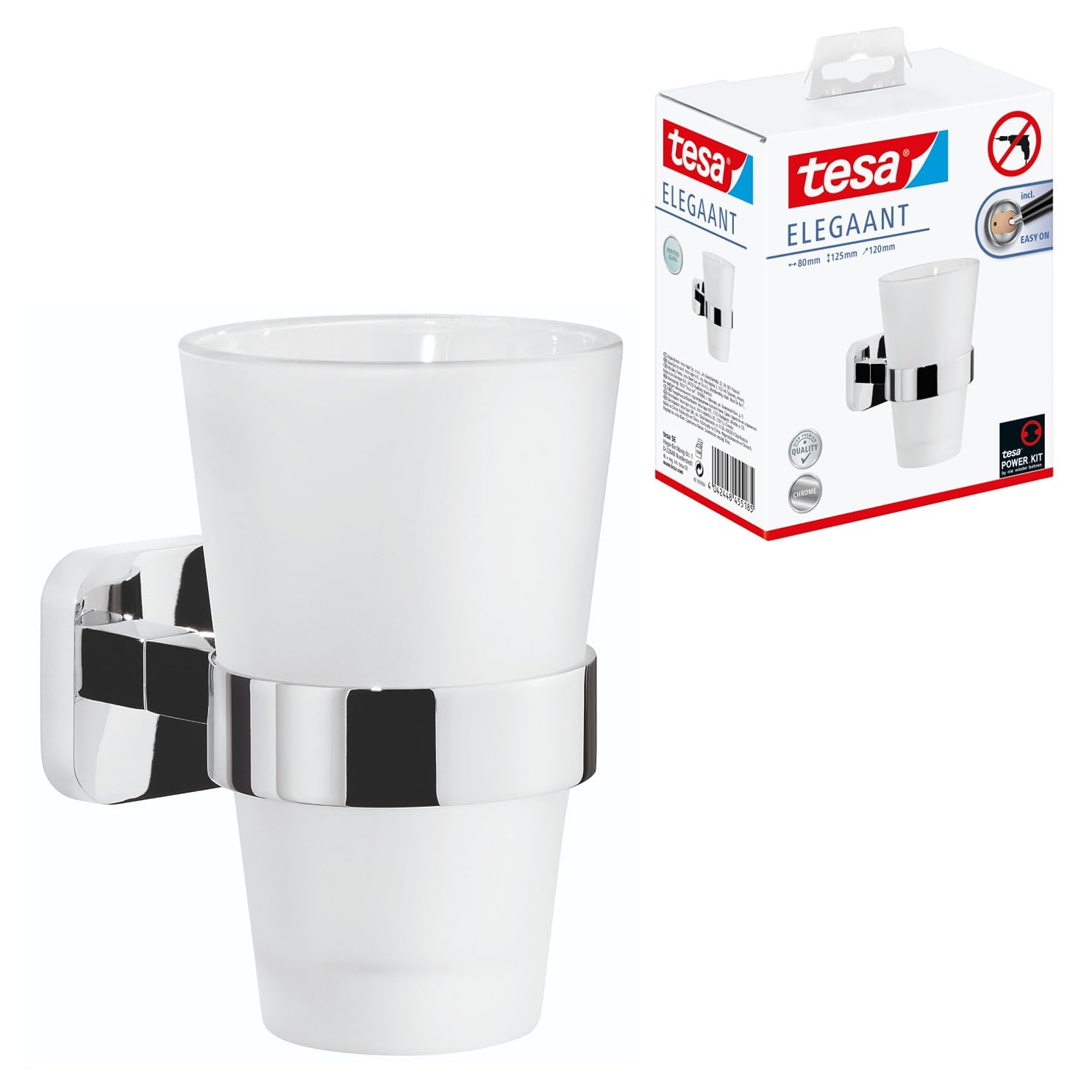 tesa ELEGAANT Toothbrush Holder - Self-Adhesive, Stainless-Steel Tooth Brush Holder with Frosted Glass Cup - Waterproof, incl. Power.Kit Adhesive