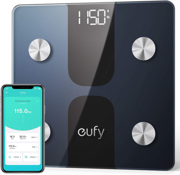 eufy Weighing Scales for Body Weight, Digital Bathroom Scales with Bluetooth, Body Fat Scales, 12 Measurements, Weight/Body Fat/BMI, Fitness Body Composition Analysis, Black, lbs/kg, Smart Scale A1