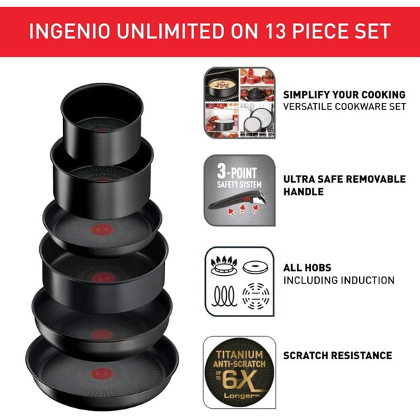 Tefal Ingenio Unlimited ON 13 Piece Non-Stick Induction Pan Set, 22&28 cm Frying Pans, 16&20 cm Saucepans, 24 cm Sautepan, 26 cm Wok Pan, 16&20&24 cm Glass Lids, 16&20 cm Lids, 2 Handles, L3959243