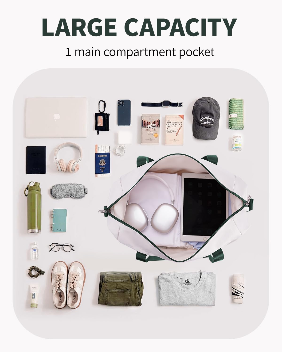 Narwey for Ryanair Cabin Bag 40x20x25 Underseat Ryan Air Bag Foladble Travel Duffel Hospital Carry on Hand Luggage Holdall Weekend Overnight Bag for Women and Men 20L (Beige with Green Straps)