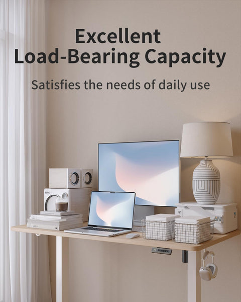 FEZIBO Height Adjustable Electric Standing Desk, 120 * 60 cm Stand up Table, Sit Stand Home Office Desk with Splice Board, White Frame/Maple Top