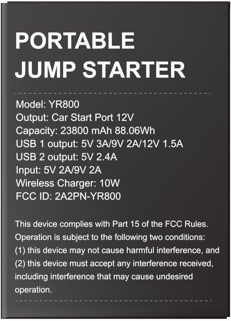 YABER YaberAuto ‎YR800 Jump Starter Power Pack 5000A Peak Car Battery Booster Jump Starter for All Gas Petrol 8.0L Diesel Engines - Jump Starter with 10W Wireless Charger + LED Flashlight + USB-C Port + Digital LCD Screen + Compass + Safety Hammer