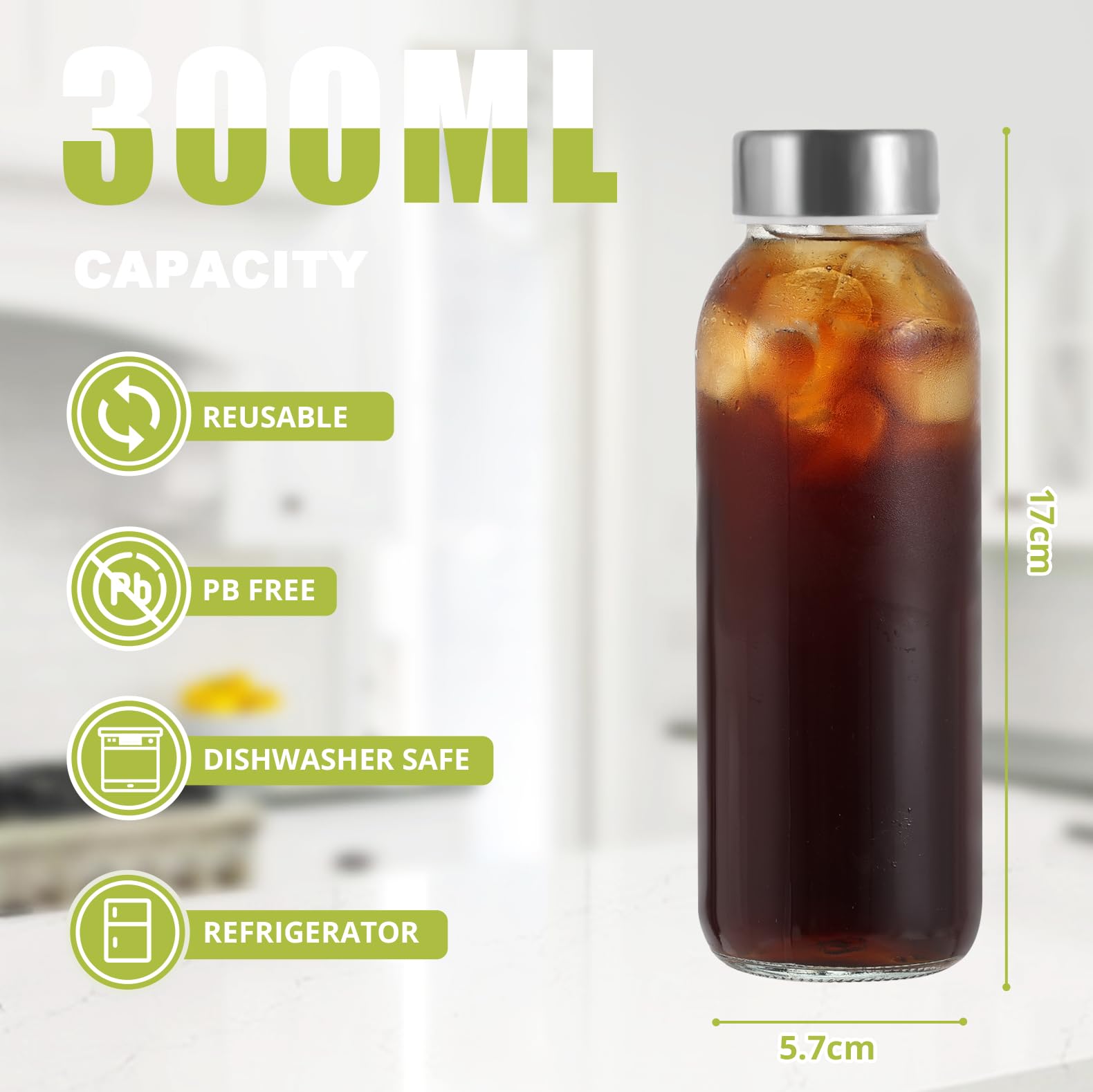 LIMILI Glass Bottles With Stainless Steel Lids, 300/350/750/1000ML Water Bottles, Leak Proof Reusable Drinking Bottles for Hot Cold Drinks, Work, Gym, Home