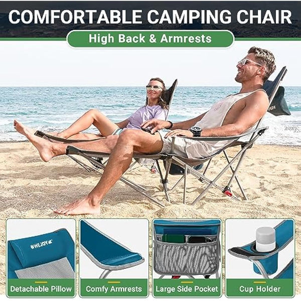#WEJOY Camping Chairs Folding Recliner Chair Adjustable with Detachable Footrest Headrest Cup Holder Lightweight Portable Reclining Camp Chair Fold Up Chair for Outdoor Beach Garden,Cyan