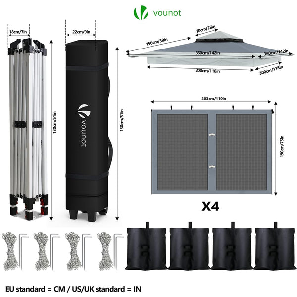VOUNOT® 3.6m x 3.6m Pop Up Gazebo with Mesh Sides, Garden Double Roof Marquee Party Tent with Leg Weights & Roller Bag, Grey