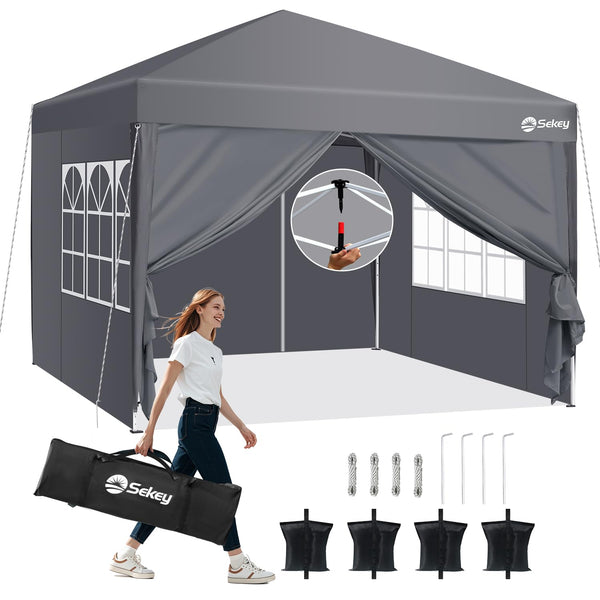 Sekey One-Touch Pop Up Gazebo with Sides 3m x 3m, Heavy Duty Gazebo with 4 Pack Gazebo Weights Bags, Instant Setup, Waterproof 1000mm (Grau, 3m x 3m without Sides)