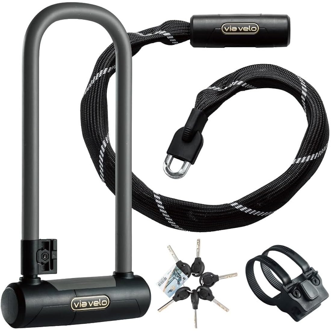 Via Velo Bike Lock 2 Sets 20CrMnTi Steel 16mm Shackle Sold Secure Gold with Bracket and Bike Chain Lock, 7mm 4 Side Squre Shape Chain 2.96Ft Length, Same Key System 6Keys for Electric Bikes Scooters