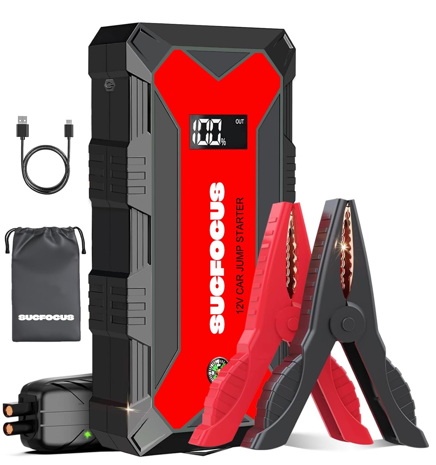 Car Battery Jump Starter, 2500A Jump Starter (for 8.0L Gas or 6.5L Diesel Engine), Battery Jumper Starter Portable, Jump Box, Jump Start Battery Pack with Jumper Cable, LED Light/USB QC3.0 (Red Black)