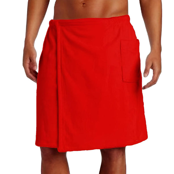 Jamron Mens Adjustable Bath Towel Wrap - Wearable Towel Skirt with Pocket for Gym Shower Sauna Spa & Beach Cover Ups Red L