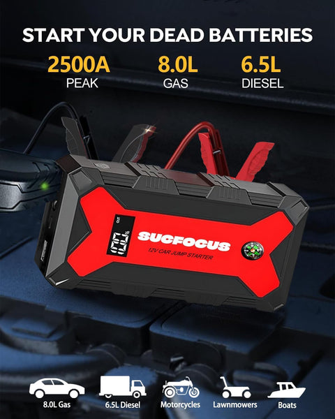 Car Battery Jump Starter, 2500A Jump Starter (for 8.0L Gas or 6.5L Diesel Engine), Battery Jumper Starter Portable, Jump Box, Jump Start Battery Pack with Jumper Cable, LED Light/USB QC3.0 (Red Black)