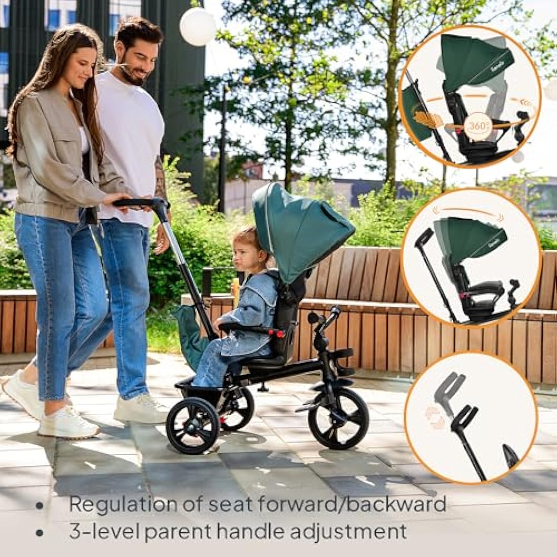 LIONELO Haari 2in1 Kids Tricycle Stroller for toddlers 1-5 Years Up to 25kg Parent steering control Swivel seat Three wheeler Bike Harness Canopy Basket Cup Holder Robust frame Durable wheels (Green)