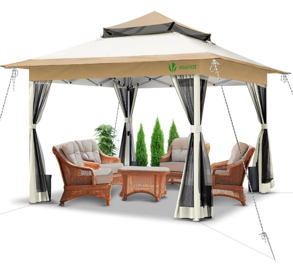 VOUNOT® 3.6m x 3.6m Pop Up Gazebo with Mesh Sides, Garden Double Roof Marquee Party Tent with Leg Weights & Roller Bag, Grey