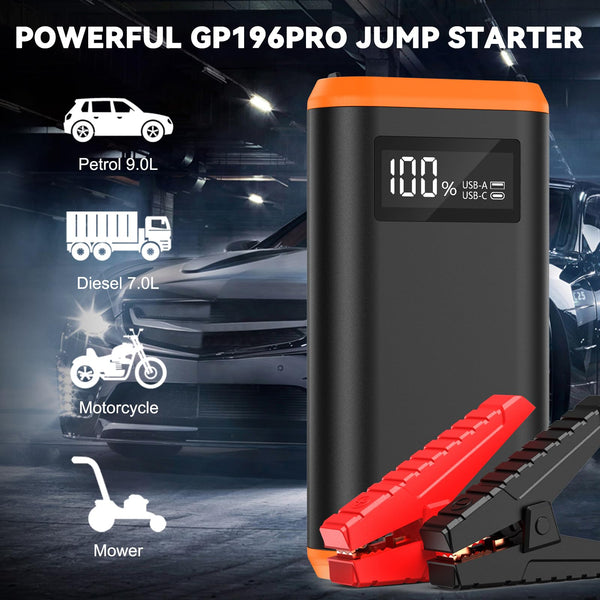 GREPRO Jump Starter Power Pack (up to 6.5L Gas, 4.0L Diesel), 2000A Car Battery Booster Jump Starter and Jump Pack for 12V Vehicles, Motorcycle, Battery Booster with LCD Screen and LED Flashlight