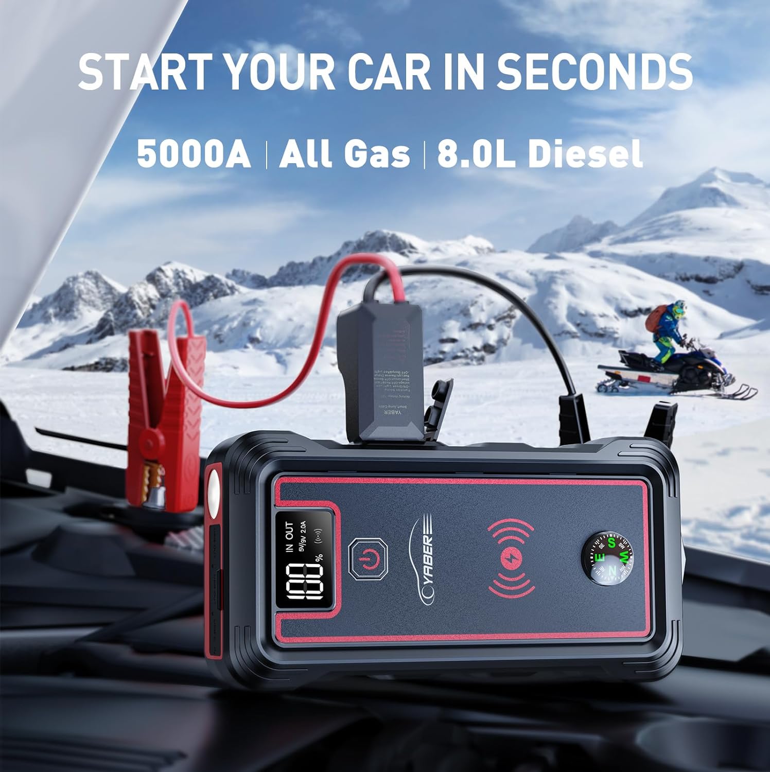 YABER YaberAuto ‎YR800 Jump Starter Power Pack 5000A Peak Car Battery Booster Jump Starter for All Gas Petrol 8.0L Diesel Engines - Jump Starter with 10W Wireless Charger + LED Flashlight + USB-C Port + Digital LCD Screen + Compass + Safety Hammer