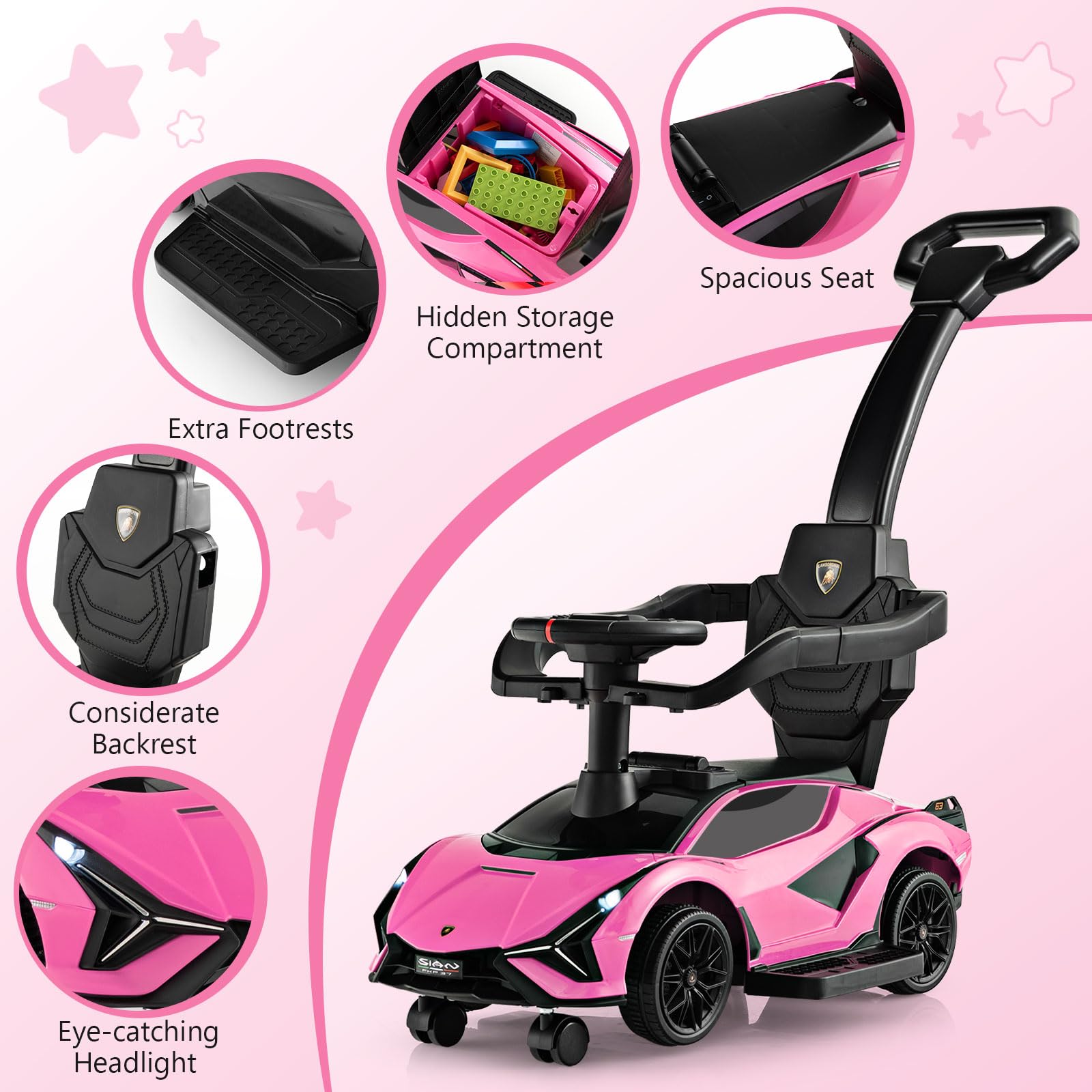 GYMAX 3 in 1 Kids Ride on Push Car, Licensed Lamborghini Push Along Car with Handle, Guardrails, USB Port, Music & Lights, Underneath Storage, Toddler Sliding Toy for 18-60 Months Boys Girls (Black)