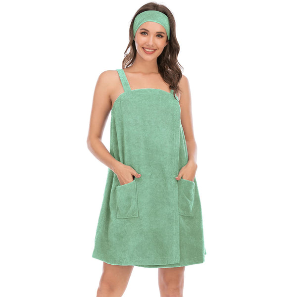 Jamron Womens Adjustable Towel Wraps Bathrobe With Headband for Gym Shower Spa & Beach Cover Ups Green L