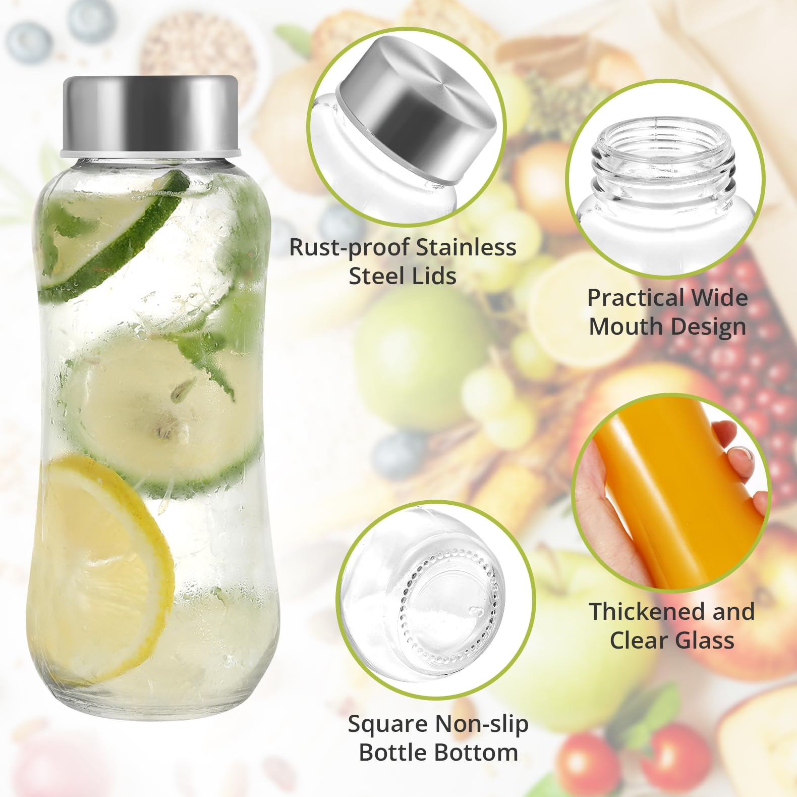 LIMILI Glass Bottles With Stainless Steel Lids, 300/350/750/1000ML Water Bottles, Leak Proof Reusable Drinking Bottles for Hot Cold Drinks, Work, Gym, Home