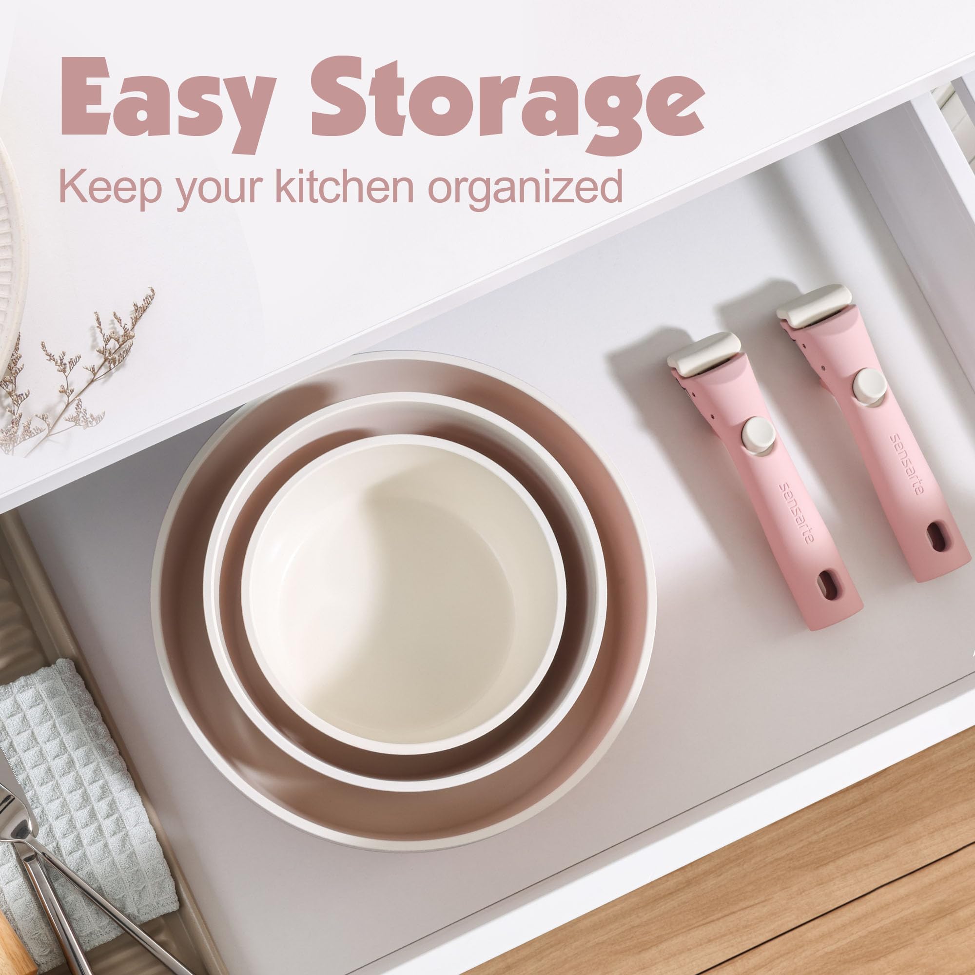 SENSARTE 17 Piece Pots and Pans Set, Nonstick Detachable Handle Cookware, Induction Kitchen Cookware Set with Removable Handle, Healthy Non Stick RV Cookware, Oven Safe (Black)