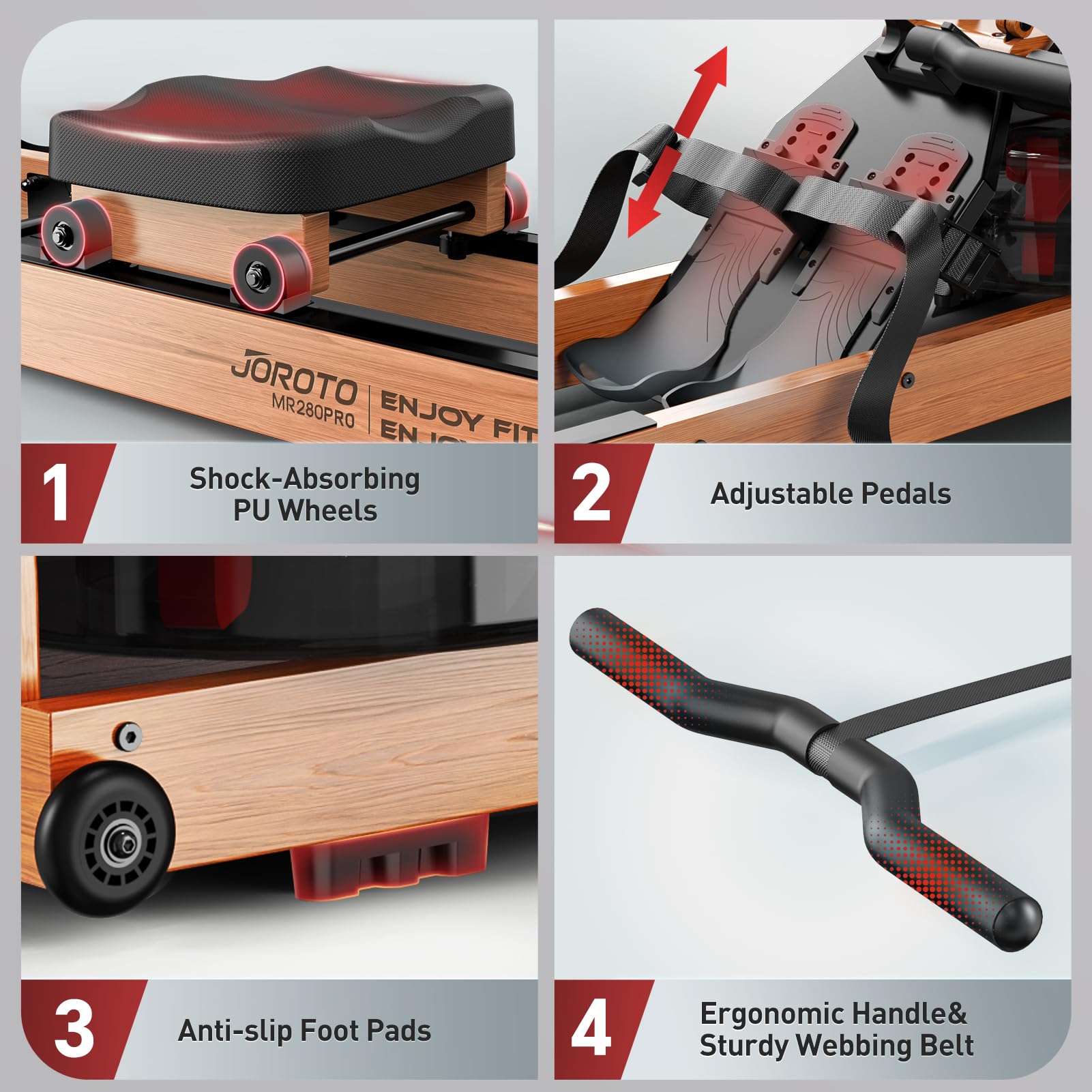 JOROTO Wood Rowing Machine for Home Gym,Oak Wood Foldable Rower Machine with Bluetooth, Adjustable Tablet Holder - 330LS Weight Capacity