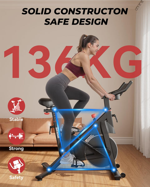 Superun Exercise Bike for Home Use Spin Bike with Adjustable Magnetic Resistance, Stationary Bike with LCD Display and APP, 136 kg Weight Capacity