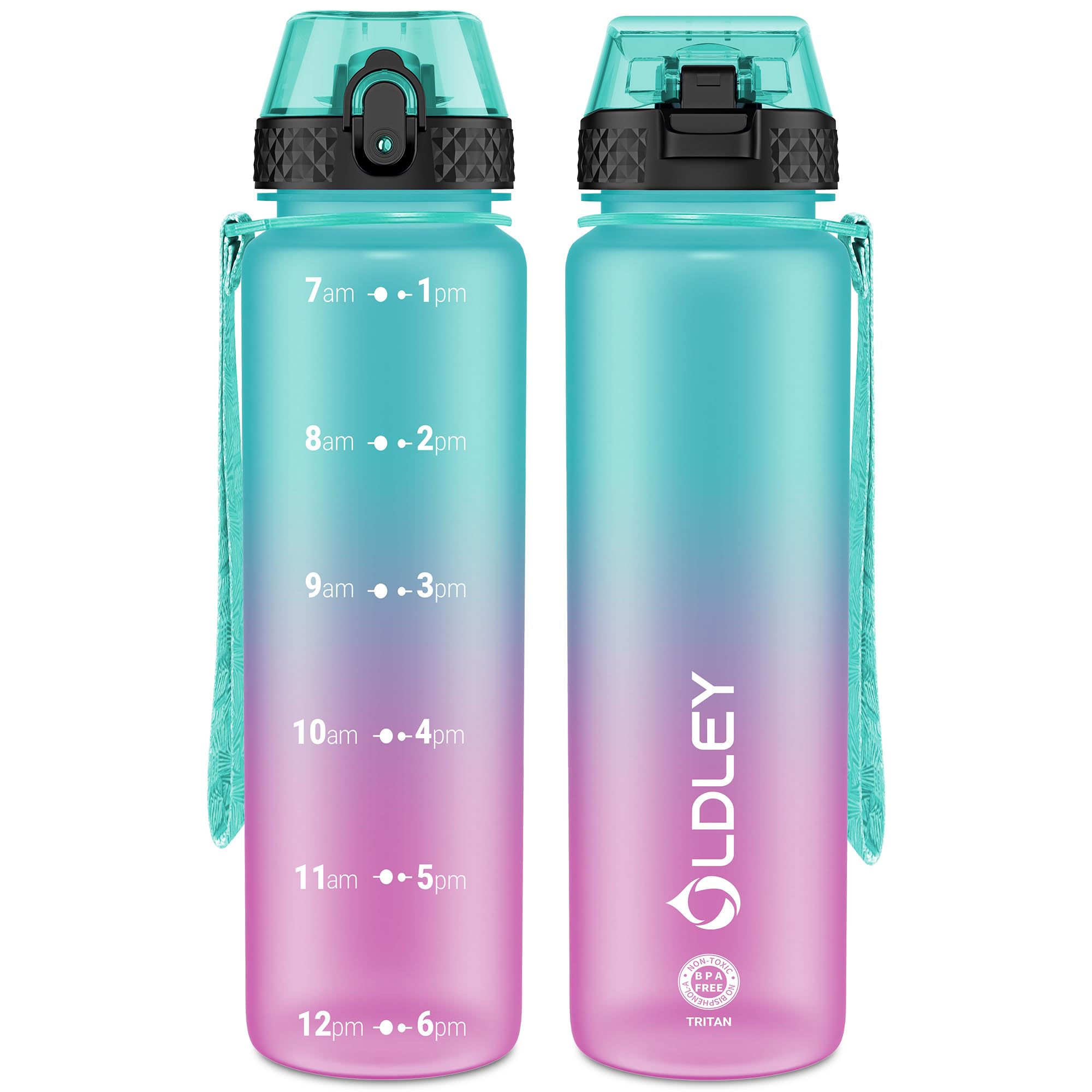 OLDLEY 1L/32oz Sports Water Bottle, 1000ml Motivational Drinks Bottle with Time Markings Leak Proof Drink & Lock Cover & No Straw, BPA Free for Adults Women Men Gym School Cycling Running Hiking