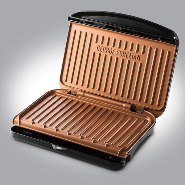 George Foreman Medium Electric Fit Grill [Non stick, Healthy, Griddle, Toastie, Hot plate, Panini, BBQ, Energy saving, Vertical storage, Easy clean, Drip tray, Ready to cook light] Black, 1630W 25810