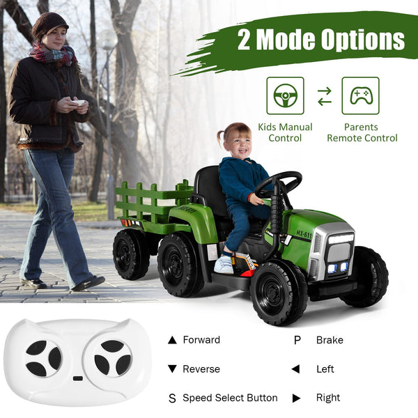 COSTWAY Ride on Tractor and Trailer, 12V Battery Powered Electric Kids Toy Car with Remote Control, LED Lights, USB & Bluetooth Music, Four Wheels Ride on Toys for Children Ages 3+(Dark Green)