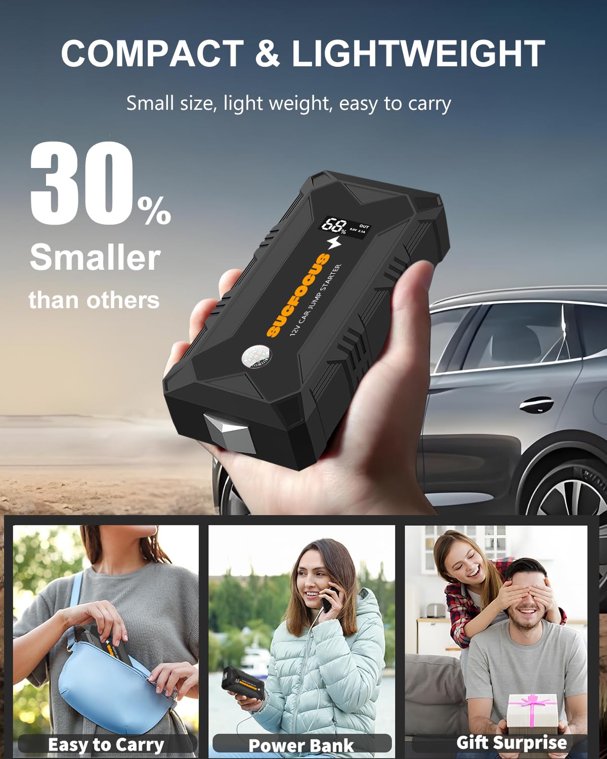 Car Battery Jump Starter, 2500A Jump Starter (for 8.0L Gas or 6.5L Diesel Engine), Battery Jumper Starter Portable, Jump Box, Jump Start Battery Pack with Jumper Cable, LED Light/USB QC3.0 (Red Black)